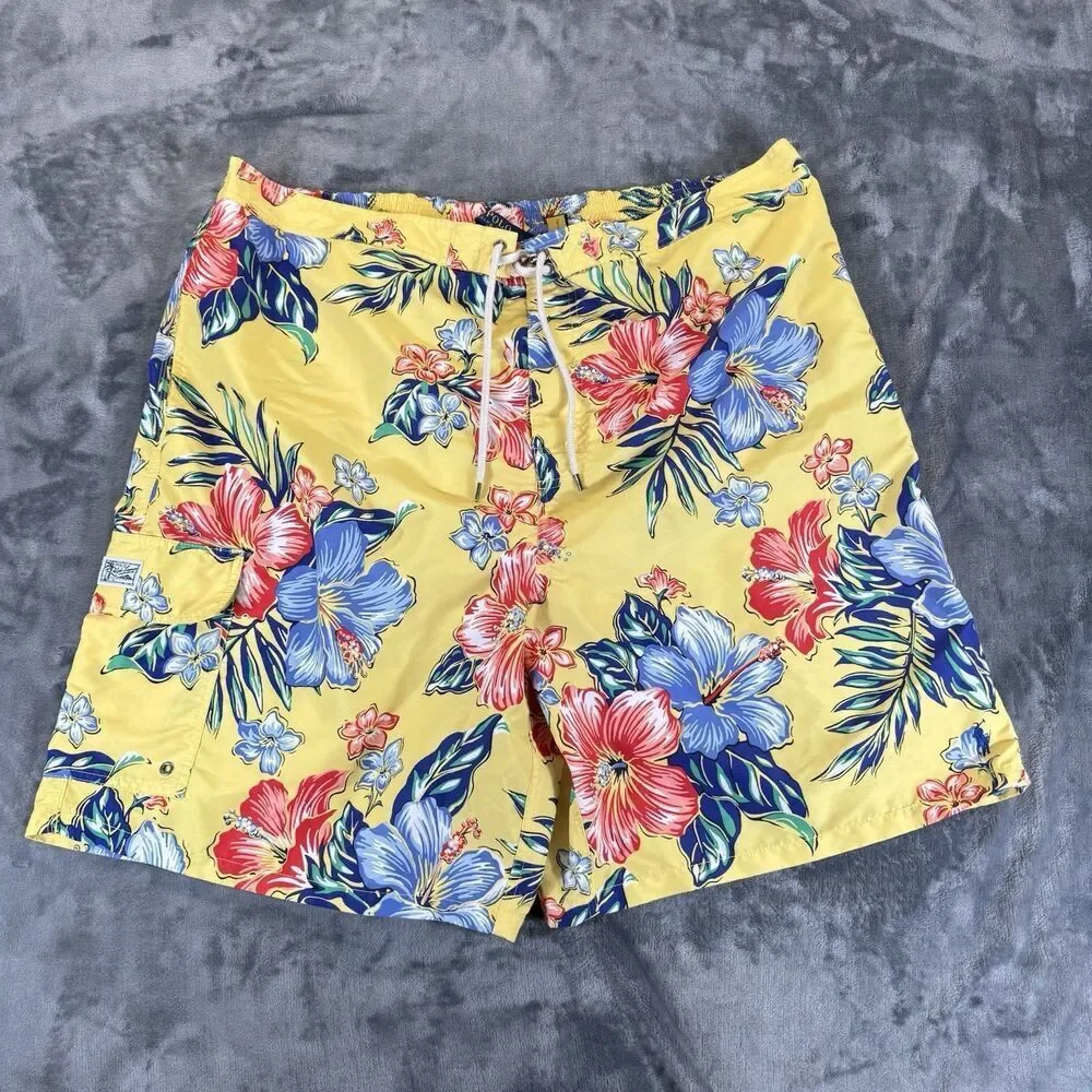 Polo Ralph Lauren Sz 4XL Tall Floral Hibiscus Yellow Hawaiian Swim Trunks Pocket